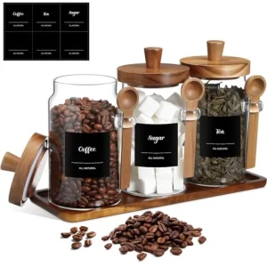 3 Pcs Glass Coffee Container with Wooden Lid Spoon